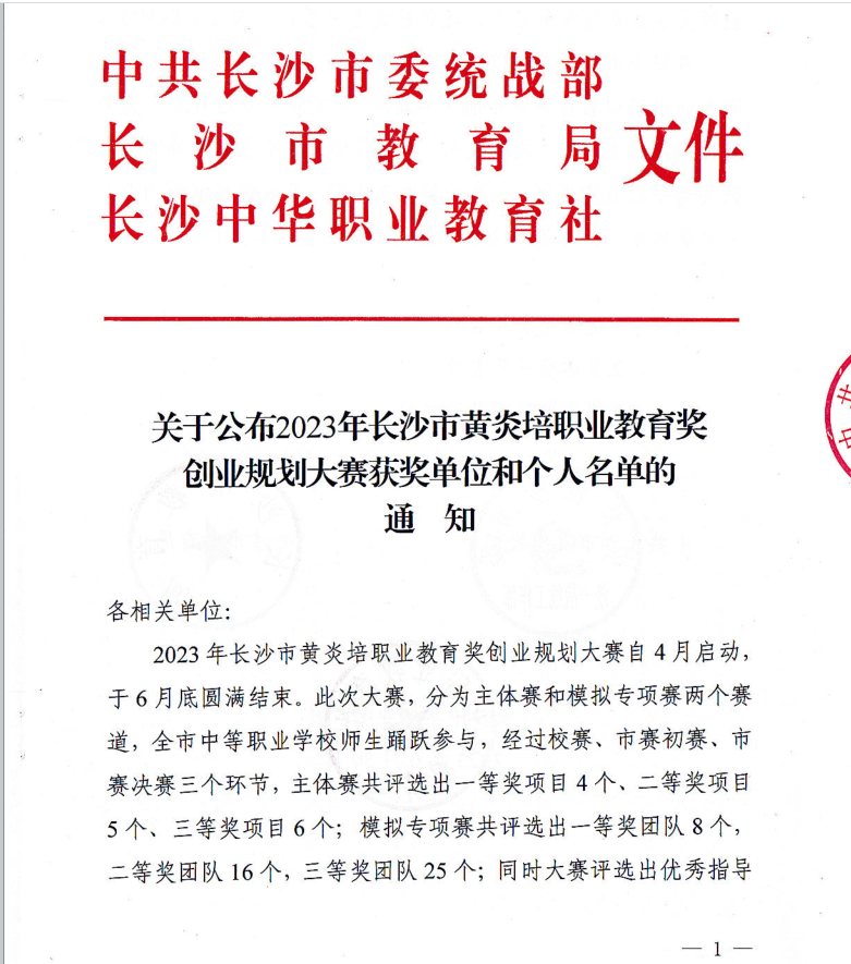 關于公布2023年長沙市黃炎培職業教育獎創業規劃大賽獲獎單位和個人名單的通知